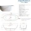 71″ Freestanding Solid Surface Bathtub, Oval Thick Edge Matte White Stone Resin Stand Alone Soaking Tub, Ergonomic Free standing Flatbottom Tubs with Overflow, Pop-up Drain (Matte White, 71")