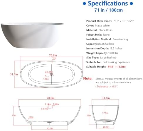 71″ Freestanding Solid Surface Bathtub, Oval Thick Edge Matte White Stone Resin Stand Alone Soaking Tub, Ergonomic Free standing Flatbottom Tubs with Overflow, Pop-up Drain (Matte White, 71")