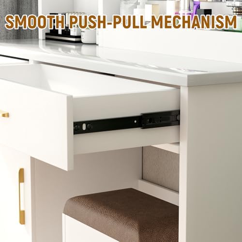 32'' Makeup Vanity Desk with Mirror and Lights, Large LED Mirror with 3 Color Modes, Makeup Vanity with Power Outlet & USB Ports, 6 Open Shelves & 2 Drawers for Women & Girls