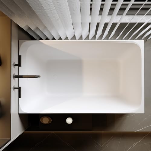 51'' Solid Surface Freestanding Bathtub, Stone Resin Stand Alone Soaking Tub, Modern Rectangular Freestanding Tubs with Overflow, Pop-up Drain, Thick Edge, Matte White