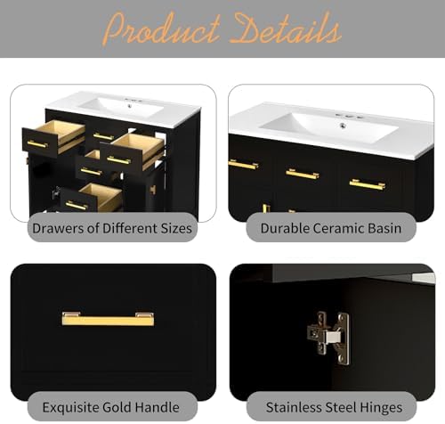 36'' Bathroom Vanity with Ceramic Sink Combo Set, Modern Freestanding Single Bathroom Cabinet with 4 Drawers & 2 Cabinets, Storage Cabinet, Solid Wood Frame Vanity Set (Black)
