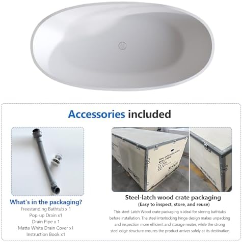 71″ Freestanding Solid Surface Bathtub, Oval Thick Edge Matte White Stone Resin Stand Alone Soaking Tub, Ergonomic Free standing Flatbottom Tubs with Overflow, Pop-up Drain (Matte White, 71")