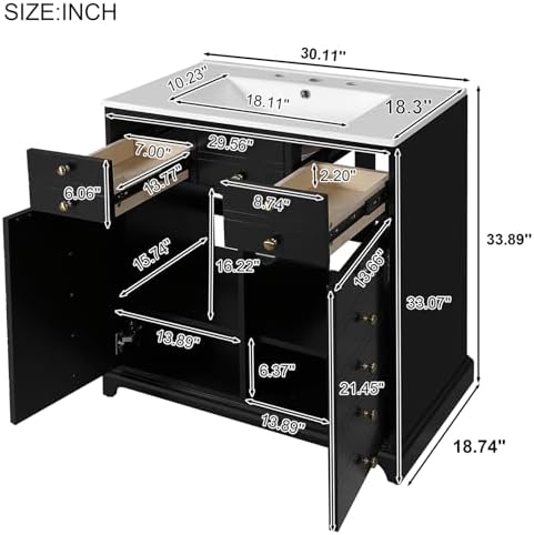 30'' Bathroom Vanity with Ceramic Sink Combo, Solid Wood Frame Bathroom Storage Cabinet, Freestanding Vanity Set with 2 Drawers & Soft Closing Doors (30'')