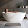 71″ Freestanding Solid Surface Bathtub, Oval Thick Edge Matte White Stone Resin Stand Alone Soaking Tub, Ergonomic Free standing Flatbottom Tubs with Overflow, Pop-up Drain (Matte White, 71")