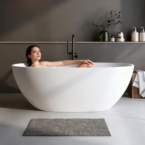 71″ Freestanding Solid Surface Bathtub, Oval Thick Edge Matte White Stone Resin Stand Alone Soaking Tub, Ergonomic Free standing Flatbottom Tubs with Overflow, Pop-up Drain (Matte White, 71")