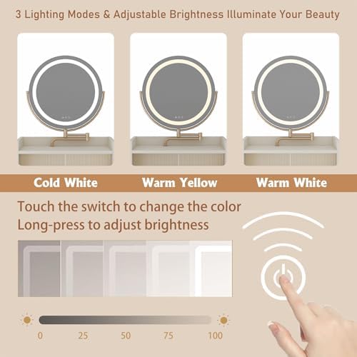 3 in 1 Vanity Desk with Flip Top Mirror, Small Make Up Vanity Set with Mirror and Lights, Compact Makeup Vanities with 2 Drawers, Cushioned Stool, Dressing Table for Bedroom (Light Yellow)