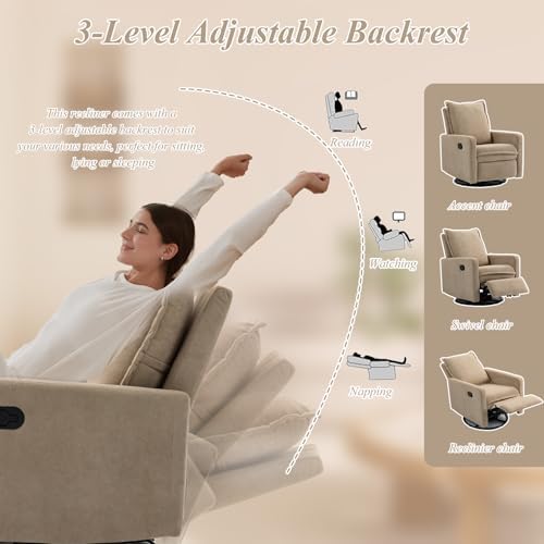 360° Swivel Rocking Chair Nursery, Glider Recliner Chair with High Backrest, Manual Swivel Rocker Recliner with Deep Cushioned Seat for Living Room, Bedroom, Baby Room(Camel)
