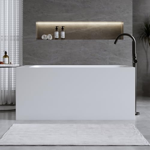 51'' Solid Surface Freestanding Bathtub, Stone Resin Stand Alone Soaking Tub, Modern Rectangular Freestanding Tubs with Overflow, Pop-up Drain, Thick Edge, Matte White