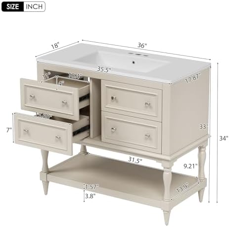 36" Bathroom Vanity with Sink, Bathroom Vanities, FreeStanding Vanity Set with 4 Drawers, Solid Wood Frame Bathroom Cabinet (Beige)