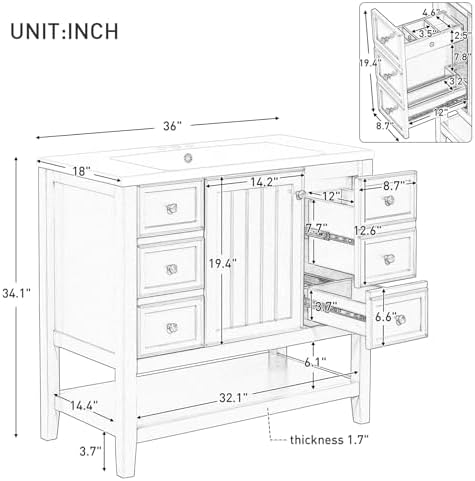 36" Bathroom Vanity with Sink, Modern Bathroom Cabinet Vanity Extra Large Storage with 1 Cabinet & 3 Drawers, Freestanding Bathroom Vanities, Solid Wood Frame (Black)