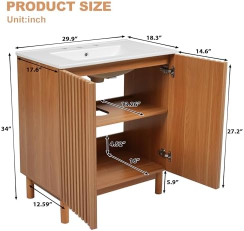 30″ Bathroom Vanity with Ceramic Sink, Modern Bathroom Vanity Cabinet with 2 Doors, Freestanding Mid-Century Restroom Sink Cabinet Combo with U-Shaped Adjustable Shelf (30")