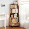 5 Tier Rotating Bookshelf with Swivel Wheels, Round Revolving Bookcase, 360° Rotation Book Shelf Tower Kids Adult, Narrow Rolling Bookshelves for Small Space, Corner, Bedroom (Wood, 5 Tier + Wheels)