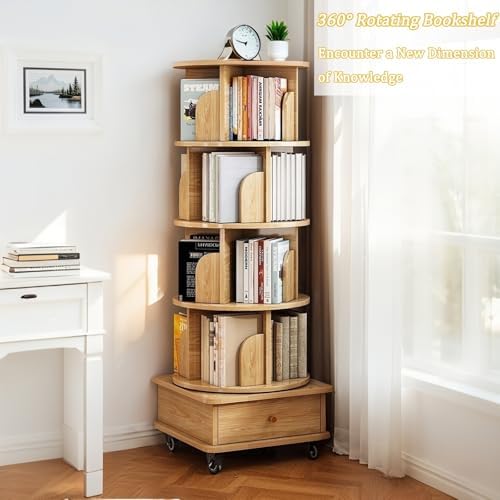 5 Tier Rotating Bookshelf with Swivel Wheels, Round Revolving Bookcase, 360° Rotation Book Shelf Tower Kids Adult, Narrow Rolling Bookshelves for Small Space, Corner, Bedroom (Wood, 5 Tier + Wheels)