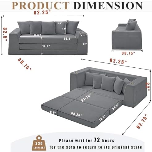 82'' Boneless Loveseat Sleeper Sofa, Convertible Sofa Bed with Side Pocket Cup Holders, Corduroy Pull Out Floor Couch with 5 Pillows, Folding Mattress Couch for Small Spaces No Assembly (Dark Grey)