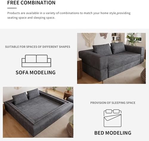 78 Inch Futon Sofa Bed, 2-in-1 Folding Convertible Sofa Bed, Oversized Chenille Upholstered Boneless Couch, Loveseat Sleeper Bed Floor Couch Modular Futon Couches for Living Room Bedroom (Grey)