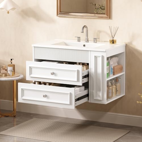30 Inches Bathroom Vanity with Sink MDF, Wall Mounted Floating Cabinets w/Double Drawers, 3 Holes Single Ceramic Sink Combo Set Modern Storage Cabinet (White)