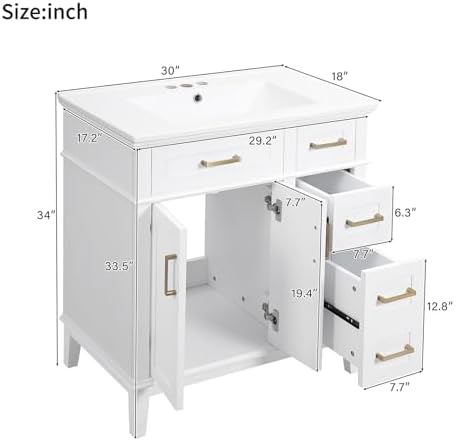 30'' Bathroom Vanity with Single Sink Combo, Freestanding Modern Bathroom Storage Sink Cabinet, Storage Cabinet with 2 Drawers & 2 Door, Solid Wood Frame for Small Bathrooms, White