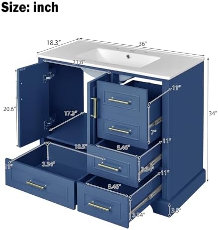 36" Bathroom Vanity with Ceramic Sink Combo, Freestanding Modern Bathroom Storage Vanity Cabinet with 2 Soft-Closing Doors & 4 Drawers, Bathroom Vanities, Solid Wood Frame, Storage Cabinet (Blue)