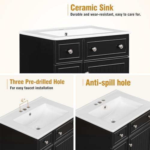 24" Modern Bathroom Vanity with Sink, Sink Cabinet with Ceramic Basin, Bathroom Vanities Cabinet with 2 Drawers & 1 Door (Black)