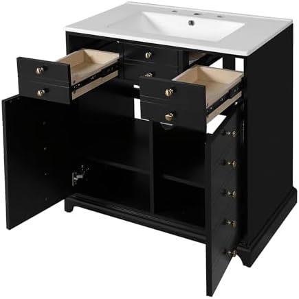 30'' Bathroom Vanity with Ceramic Sink Combo, Solid Wood Frame Bathroom Storage Cabinet, Freestanding Vanity Set with 2 Drawers & Soft Closing Doors (30'')