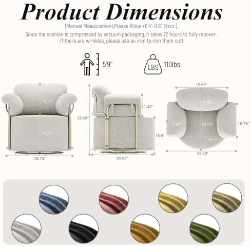 360° Swivel Accent Armchair, Deep Cushioned Seat Vanity Chair, Nursery Chair with Steel Structure Base, Swivel Chairs for Living Room, Bedroom, Baby Room (Round, Beige)