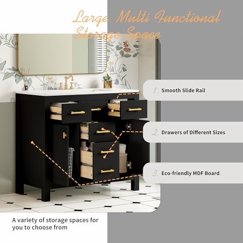 36'' Bathroom Vanity with Ceramic Sink Combo Set, Modern Freestanding Single Bathroom Cabinet with 4 Drawers & 2 Cabinets, Storage Cabinet, Solid Wood Frame Vanity Set (Black)