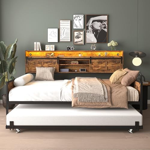 77'' Twin Daybed with Trundle, Farmhouse Daybed Sofa Bed Frame with Sliding Barn Door Headboard and Charging Station & LED Light for Bedroom and Guest Room