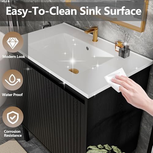 30″ Fluted Bathroom Vanity with Ceramic Sink, Modern Bathroom Vanity Cabinet with 2 Doors, Freestanding Mid-Century Restroom Sink Cabinet Combo (Black, 30'')