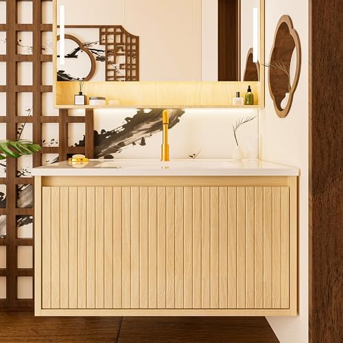 30'' Fluted Bathroom Vanity with Sink Combo, Floating Sink Bathroom Vanity Wall-Mounted Bath Room Vanities with Drawers, Bath Storage Cabinet (Wood)