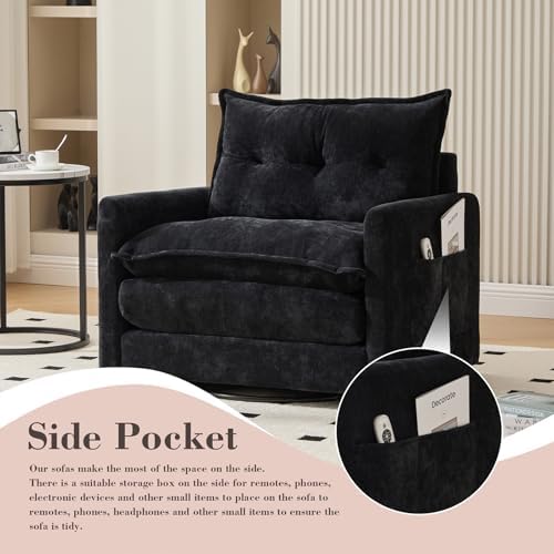 Oversized 360° Swivel Accent Armchair, Nursing Chair and a Half with Side Pockets and Wide armrest, Solid Metal Base, Comfortable Single Sofa Chair for Living Room,Bedroom, Reading Room (Black)