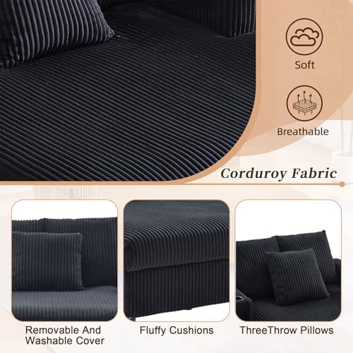 56'' Oversized Chaise Lounge Chair Indoor, Comfy Corduroy Chaise Sofa Recliner Bed Upholstered Sleeper Couch Bed with USB Charging, LED, Cup Holder, Side Pocket for Living Room (Balck)