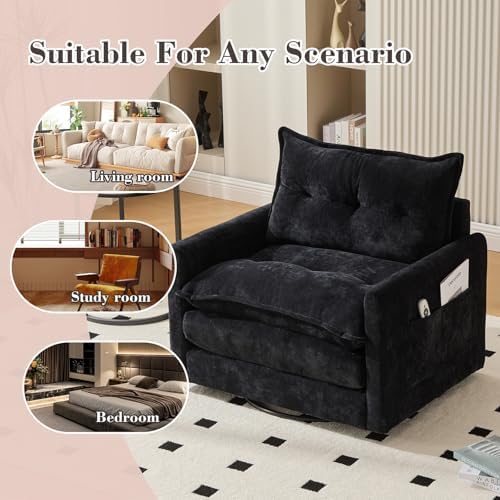 Oversized 360° Swivel Accent Armchair, Nursing Chair and a Half with Side Pockets and Wide armrest, Solid Metal Base, Comfortable Single Sofa Chair for Living Room,Bedroom, Reading Room (Black)