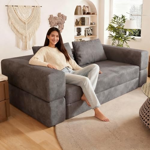 78 Inch Futon Sofa Bed, 2-in-1 Folding Convertible Sofa Bed, Oversized Chenille Upholstered Boneless Couch, Loveseat Sleeper Bed Floor Couch Modular Futon Couches for Living Room Bedroom (Grey)