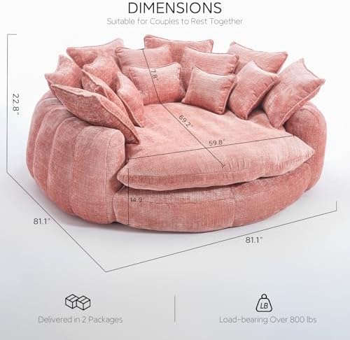 81'' Round Couch Bed Boneless Cloud Sofa, Pink Extra Wide and deep | Memory Foam | Loveseat | No Assembly | Living Room
