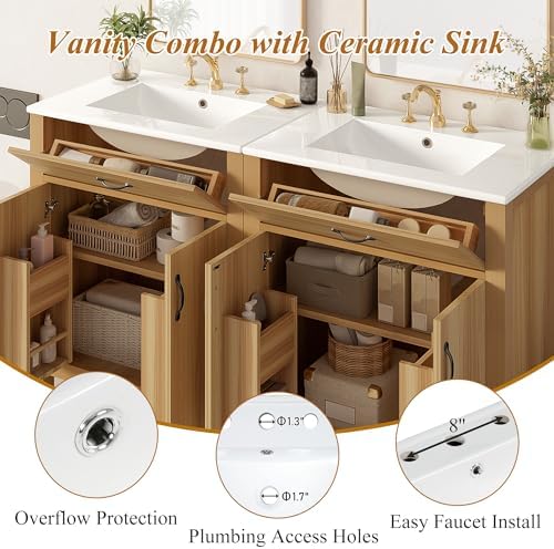 60'' Bathroom Vanity with Ceramic Sink Combo, Freestanding Double Bathroom Vanities with 4 Soft Close Doors, 2 Flip Drawer, Adjustable Shelf, Modern Storage Cabinet for Small Bathrooms (60 Inch)