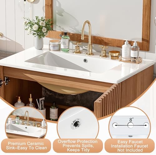 30″ Bathroom Vanity with Ceramic Sink, Modern Bathroom Vanity Cabinet with 2 Doors, Freestanding Mid-Century Restroom Sink Cabinet Combo with U-Shaped Adjustable Shelf (30")