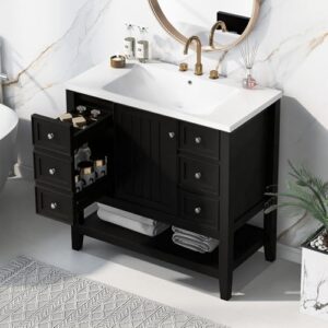 36" Bathroom Vanity with Sink, Modern Bathroom Cabinet Vanity Extra Large Storage with 1 Cabinet & 3 Drawers, Freestanding Bathroom Vanities, Solid Wood Frame (Black)
