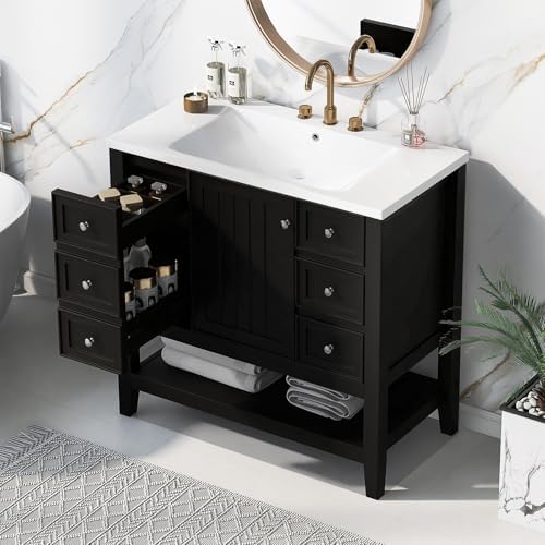 36" Bathroom Vanity with Sink, Modern Bathroom Cabinet Vanity Extra Large Storage with 1 Cabinet & 3 Drawers, Freestanding Bathroom Vanities, Solid Wood Frame (Black)