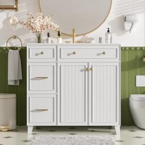 36" Bathroom Vanity with Ceramic Sink, Standard and Double-Layer Drawers, Soft Close Doors, Adjustable Shelves, Modern Storage Cabinet for Small and Medium Bathrooms (White)