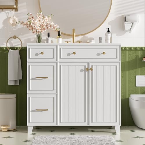 36" Bathroom Vanity with Ceramic Sink, Standard and Double-Layer Drawers, Soft Close Doors, Adjustable Shelves, Modern Storage Cabinet for Small and Medium Bathrooms (White)