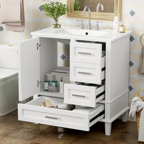 30" Bathroom Vanity with Sink and 4 Drawers & 1 Door Cabinet, Easy Assembly Modern Bathroom Vanities Storage Cabinet for Guest Baths Master Suites or Rental Units (White, 30 Inches)