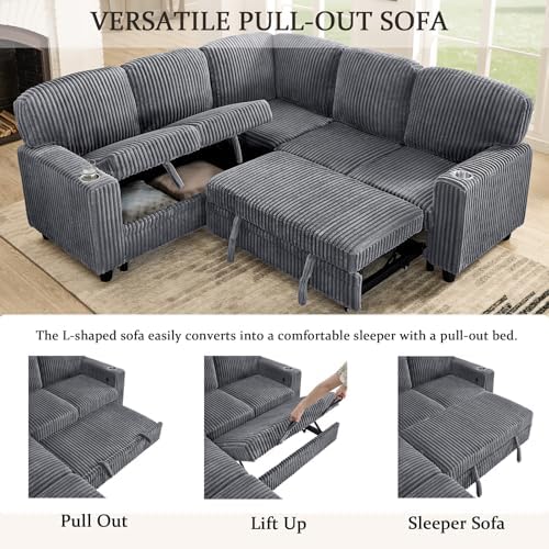 81'' Modular Sectional Sleeper Sofa with Pull Out Bed, U Shaped Sectional Couch with Storage & USB Charging, Extra Wide and Deep Seat Couches for Living Room (Grey)