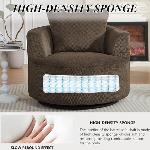 39.4'' Accent Chair for Living Room Chairs, 360° Swivel Accent Chairs, Upholstered Comfy Reading Chair for Bedroom Rotating Barrel Armchair with Metal Base for Apartment, Office (2, Dark Brown)