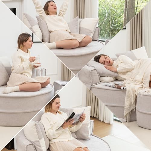 Oversized Round Chaise Longue Chair Indoor with Ottoman, Soft Velvet Upholstered Accent Barrel Chair, Cloud Large Circle Sleeper Sofa Chairs with 5 Pillows for Reading, Living Room, Bedroom (Gray)