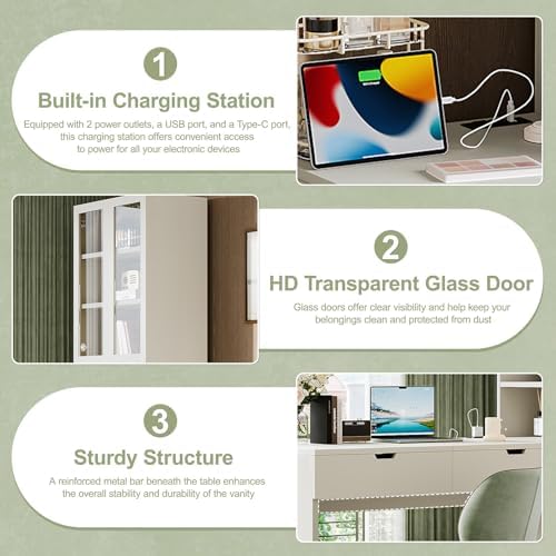 Large Versatile Makeup Vanity Desk with Mirror and Charging Station, Home Office Desk, Dressing Table with 8 Hidden Storage Compartments, Computer Desk with 3 Drawers, 2 Cabinets and Open Shelves