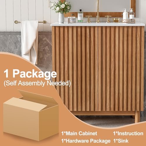 30″ Bathroom Vanity with Ceramic Sink, Modern Bathroom Vanity Cabinet with 2 Doors, Freestanding Mid-Century Restroom Sink Cabinet Combo with U-Shaped Adjustable Shelf (30")