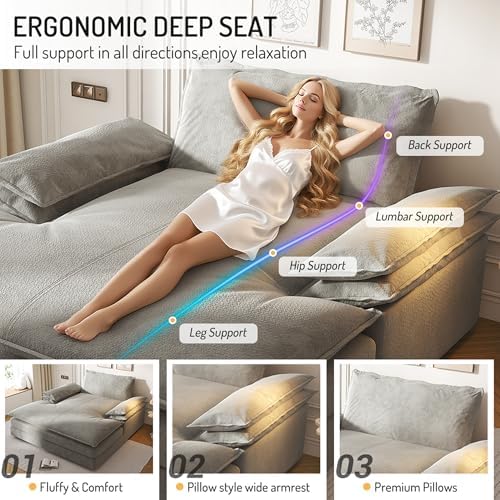 80'' Oversized Chaise Lounge Chair Indoor, Comfy Cloud Couch, Sleeper Sofa Bed, Deep Seat Loveseat Couch, Couches for Living Room, Reading Nook, or Bedroom (Grey)