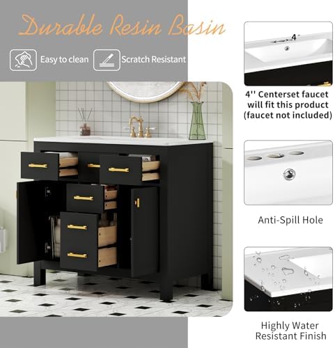 36'' Bathroom Vanity with Ceramic Sink Combo Set, Modern Freestanding Single Bathroom Cabinet with 4 Drawers & 2 Cabinets, Storage Cabinet, Solid Wood Frame Vanity Set (Black)