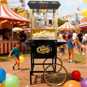 Upgraded 16oz Commercial Popcorn Machine with Cart, 850W Large Vintage Popcorn Maker for 15-20 People, Pop Corn Machine Makes Up to 80 Cups for Home Party(Black)