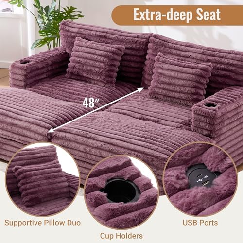 83.5" Oversized Double Lounge Chaise, Cloud Plush Sofa Bed, Upholstered Cloud Sofa Deep Seat with USB Ports and Cup Holders, Modern Sleeper Loveseat Chair for Living Room Reading (Wine Red)